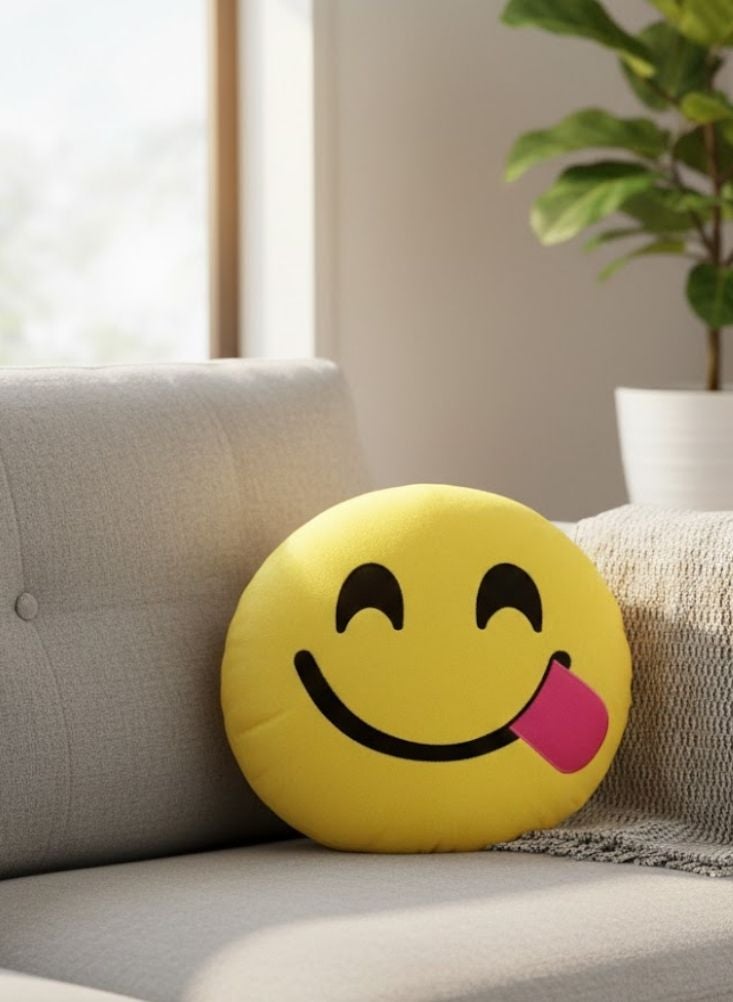 Premium Yellow Emoji Plush Cushion – Tongue Out Smiley Face Decorative Throw Pillow - Image 2